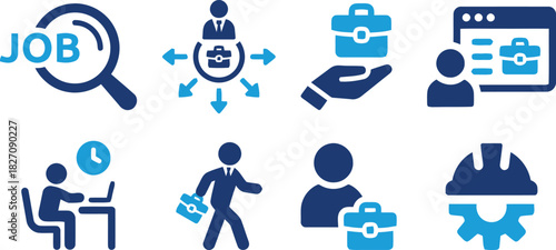 job, search, career, development, icons, business, employment, hiring, recruitment, human resources, briefcase, magnifying glass, person, computer, laptop, clock, time, work, office, professional, str