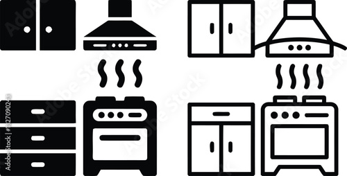 kitchen, appliance, cabinet, drawer, stove, oven, range hood, ventilation, cooking, furniture, home, domestic, kitchen equipment, interior, design, icon, symbol, set, collection, black and white, grap