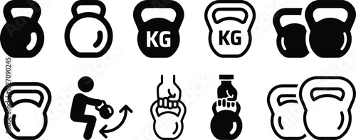 conditioning., strength, with, exercise, equipment, exercise., grip, lifting, symbol, tool, include, training, design, routine, category:, white, kettlebell, vector, sport, illustration, different, de
