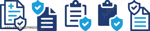 insurance, healthcare, document, shield, checkmark, clipboard, medical, policy, protection, safety, secure, agreement, legal, service, business, finance, icon, set, collection, blue, dark blue, white 