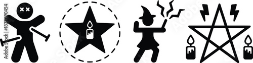 occult, magic, voodoo doll, pins, star, candle, witch, wizard, staff, lightning, pentagram, ritual, spell, enchantment, dark arts, supernatural, symbol, icon, graphic, illustration, black, white backg
