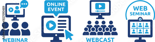 webinar, webcast, online event, computer, screen, people, audience, video, play button, cursor, speech bubble, text, icon, symbol, technology, education, communication, digital, meeting, presentation,