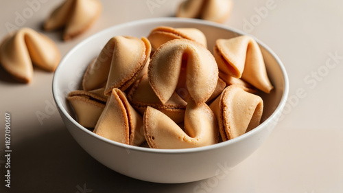 Bowl of fortune cookies on neutral background, Chinese New Year concept