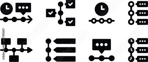 project, management, timeline, icon, workflow, process, steps, sequence, progress, planning, strategy, checklist, task, completion, document, message, chat, communication, time, clock, business, graph