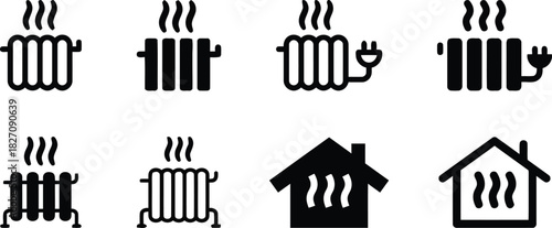 wavy, radiator, home, energy, heater, collection, [converted], electricity, cords, inside., radiators, black, steam, with, illustrating, comfort, icons, efficiency, temperature, house, symbol, control