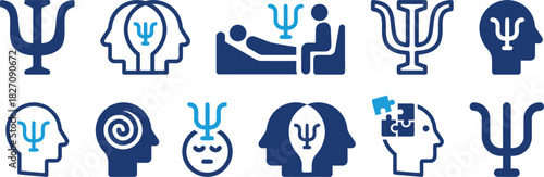 psychology, psi, symbol, greek, letter, head, silhouette, profile, mind, brain, therapy, session, patient, doctor, bed, lying, down, thinking, confused, dizzy, spiral, puzzle, pieces, connection, ment