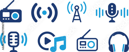 radio, broadcast, audio, sound, music, podcast, microphone, headphones, antenna, signal, waves, play button, note, technology, communication, media, icon, symbol, blue, white background, reception, tr