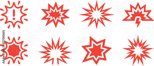 explosion, burst, starburst, comic, boom, bang, impact, energy, power, action, alert, warning, attention, graphic, design, icon, symbol, red, abstract, shape, element, illustration, vector, flash, zap