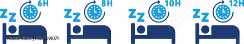 sleep, duration, hours, bed, sleeping, clock, time, zzz, icon, symbol, health, wellness, rest, infographic, concept, blue, dark blue, white background, graphic, illustration, design, cycle, routine, s