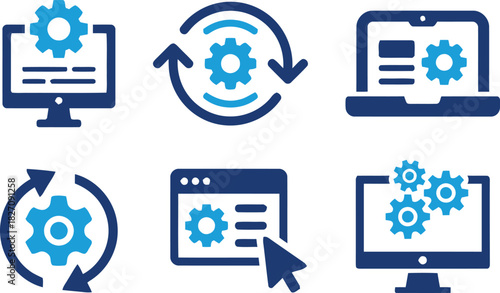 gears, computer, laptop, process, workflow, technology, icon, symbol, digital, system, automation, development, engineering, management, strategy, operation, data, analysis, connection, network, servi