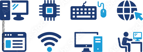 computer, desktop, monitor, tower, keyboard, mouse, cpu, chip, processor, internet, globe, network, wifi, signal, browser, window, person, sitting, desk, technology, digital, data, connection, communi
