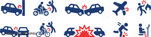transportation, accident, injury, icon, car crash, collision, motorcycle, bicycle, airplane, pedestrian, impact, explosion, danger, risk, insurance, safety, blue, red, white background, vehicle, traff