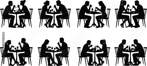 Set of restaurant couples silhouettes, people sitting at tables eating and drinking, romantic dinner dates, vector collection.