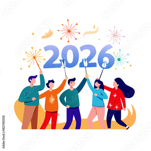 Four friends celebrating new year's eve together, holding sparklers forming the number 2026
