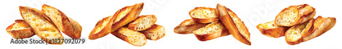 Crispy sliced baguette bread watercolor set isolated on transparent background