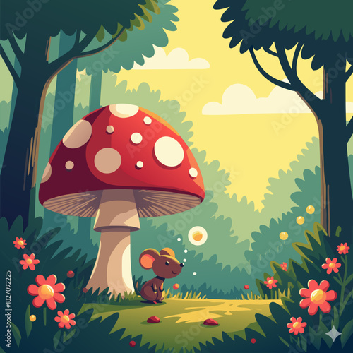 Red toadstool mushrooms in a forest cartoon illustration during autumn