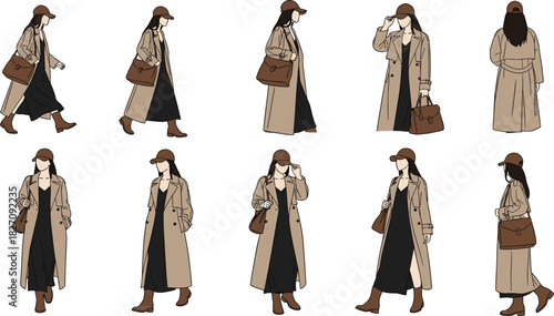Set of stylish woman characters wearing beige trench coat and cap, posing and walking in autumn fashion, flat vector illustration.