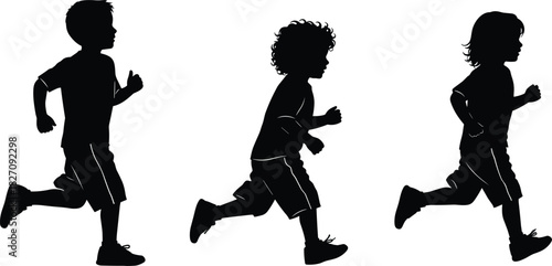 Set of three running boy silhouettes, active little children playing and jogging in profile view, black vector illustration.