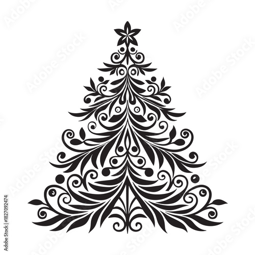 Floral Ornament Christmas Tree Botanical Outline Artwork
