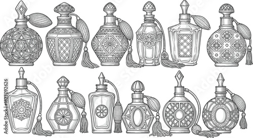 Set of vintage perfume bottles with spray atomizers, antique glass flacon collection, hand drawn black and white vector sketch illustration.