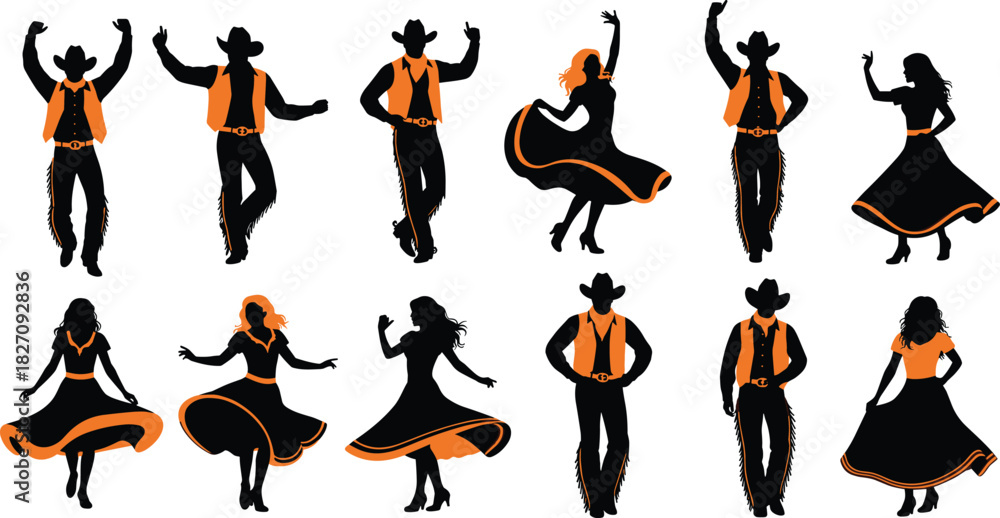 Fototapeta premium Silhouette collection of country western dancing couples and individuals in traditional cowboy hats, vests, and flowing skirts, celebrating rodeo, line dancing, and freedom.