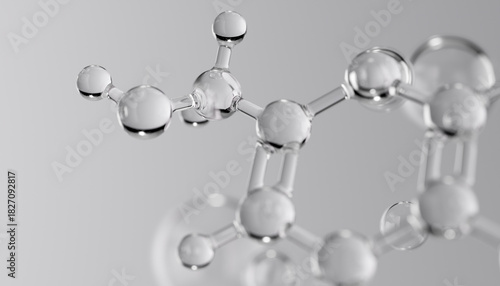 Science cosmetic lab technology 3d rendering. Beauty product with Kojic Acid molecular structure abstract biochemistry background concept.