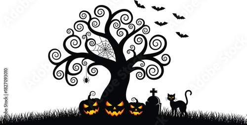 Spooky Halloween silhouette vector illustration with black tree, flying bats, glowing pumpkins, spiderweb, tombstone, and scary cat on white background.