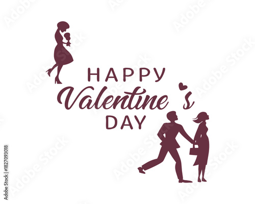 Elegant Happy Valentines Day Illustration with Couple Silhouettes and Heart Accents Design for Greeting Cards and Social Media