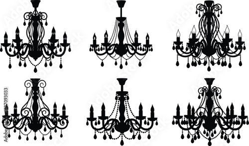 Set of vintage chandelier silhouettes, ornate hanging light fixtures, black vector icons, antique crystal lamp collection for interior design.