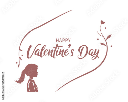 Happy Valentines Day with Young Girl Silhouette and Floral Decorations in Muted Pink Colors for Romantic Greeting Card