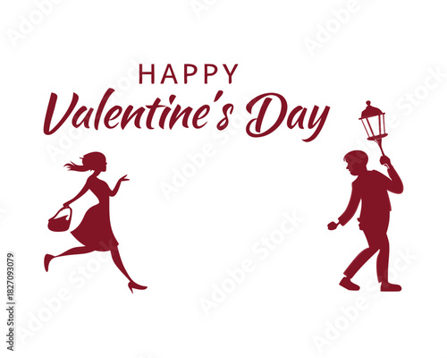 Happy Valentines Day Design with Running Woman and Man Holding a Lamp Post for Romantic Celebrations