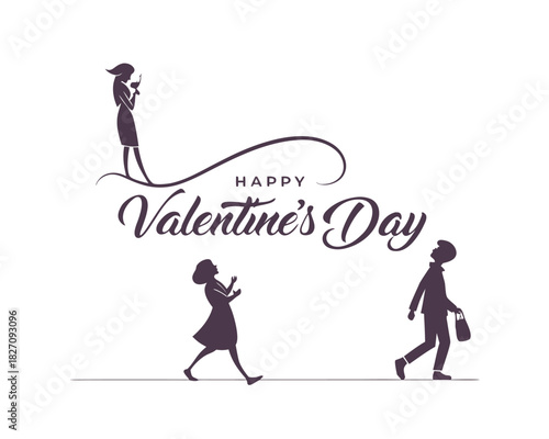 Happy Valentines Day Illustration with Silhouetted Figures on a White Background Promoting Love and Relationships