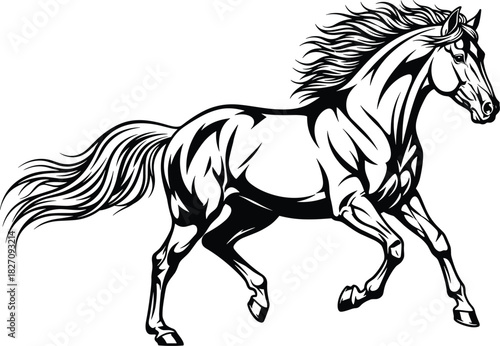 Stylized Galloping Wild Mustang Horse Vector Art, Black and White Dynamic Outline Illustration, Equestrian Power, Freedom, and Speed Graphic Design.