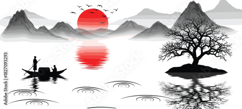 Traditional Asian landscape vector illustration, Chinese ink painting style, mountains with red sun, fisherman boat silhouette, serene river view.