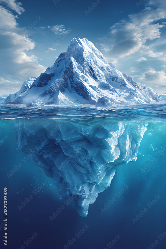 Obraz premium Majestic Iceberg with Snowy Peak and Large Underwater Section