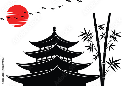Traditional Japanese silhouette illustration featuring a black pagoda temple, bamboo stalks, flying birds, and a red rising sun vector.