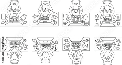 Top down view of people working at office desks with computers, line art vector illustration set isolated on white background.