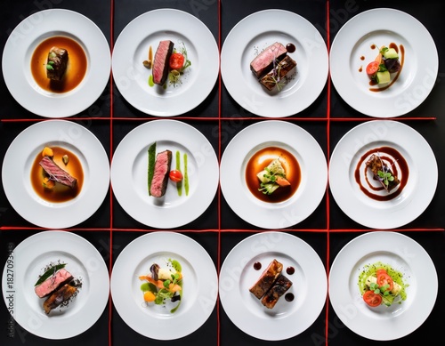 Gourmet plated dishes: culinary art on white plates with elegant presentation