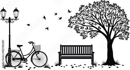 Tranquil Park Scene Silhouette with Tree, Bench, Street Lamp, and Bicycle, Black and White Vector Illustration for Nature, Leisure, Outdoor Recreation, and Urban Landscape Design