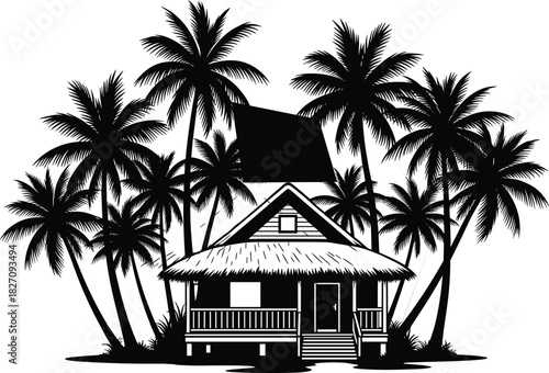 Tropical island bungalow silhouette surrounded by coconut palm trees, wooden beach hut vector illustration, black and white summer vacation home.