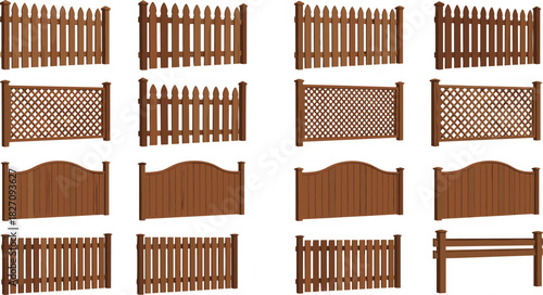 Various Wooden Fence Styles 3D Vector Set, Brown Picket, Privacy, Lattice, and Rail Fencing Panels Collection for Home, Garden, and Architecture Design.
