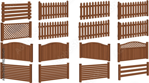 Vector collection of various brown wooden fences, featuring picket, horizontal slat, lattice, and privacy panels, perfect for representing home boundaries, gardening, privacy, and property security.