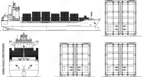 Vector line drawing of cargo container ship, side and front view, shipping container blueprint, maritime logistics transport, industrial freight vessel.