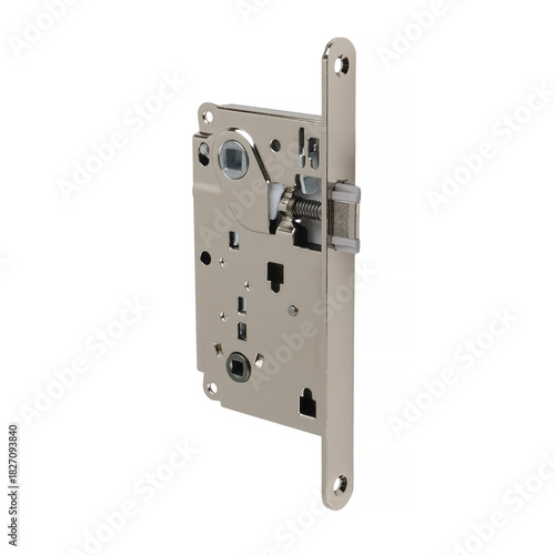 Fotografie Detailed studio shot of a steel mortise lock case with visible latch and spring mechanism, isolated on white