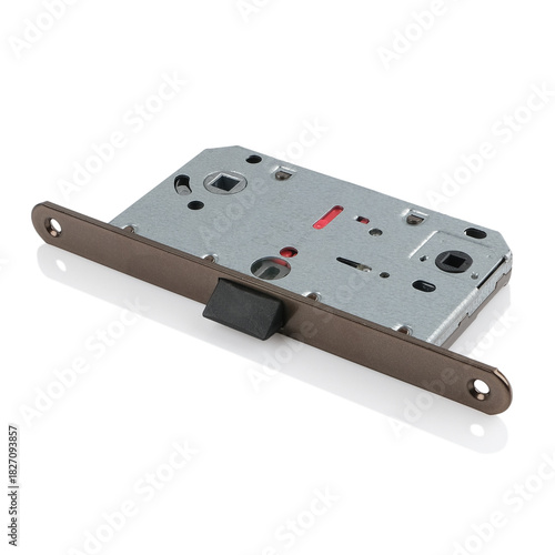 Fotografia Close-up product photograph of a rectangular mortise door lock with extended latch bolt on a reflective white surface