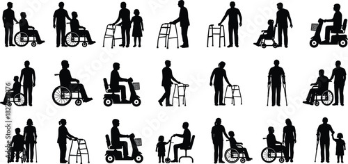 Vector silhouette collection of people with disabilities, including various individuals in wheelchairs, using walkers, crutches, and mobility scooters, representing accessibility, caregiving