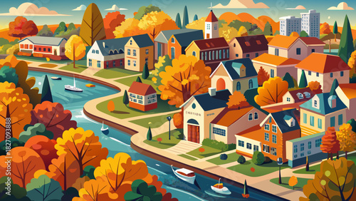 Very beautiful aerial autumn scene showcasing a historic residential neighborhood with colorful fall foliage, tree-lined streets, and charming homes beside the calm river, creating a serene New Englan