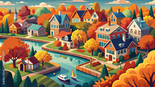Very beautiful aerial autumn scene showcasing a historic residential neighborhood with colorful fall foliage, tree-lined streets, and charming homes beside the calm river, creating a serene New Englan