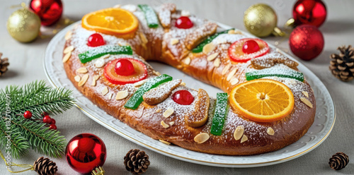 Wallpaper Mural Roscon de reyes  traditional Spanish Christmas pastry cake with cream and Christmas ornaments on a festive background. Torontodigital.ca