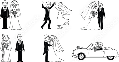 Wedding couple set, cute bride and groom characters, dancing, hugging, driving car, black and white vector line art.